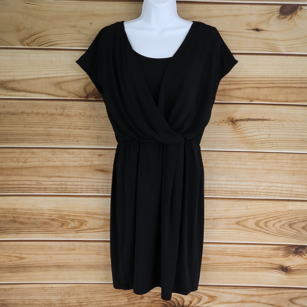 Relativity Dress Womens Sz M‎ Black Polyester Stretch Cap Sleeves Gathered Front